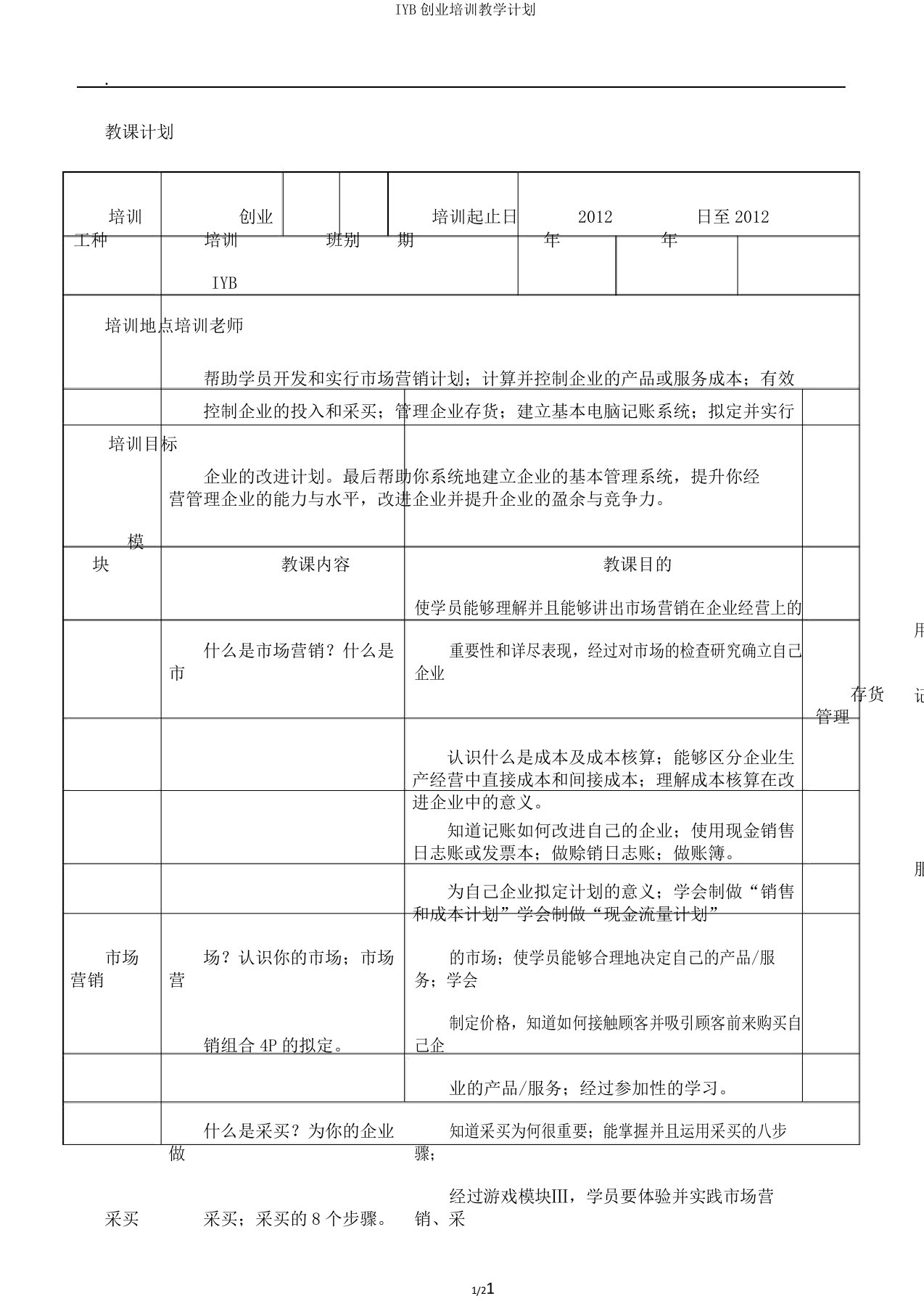 IYB创业培训教学计划