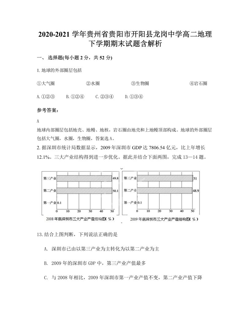 2020-2021学年贵州省贵阳市开阳县龙岗中学高二地理下学期期末试题含解析