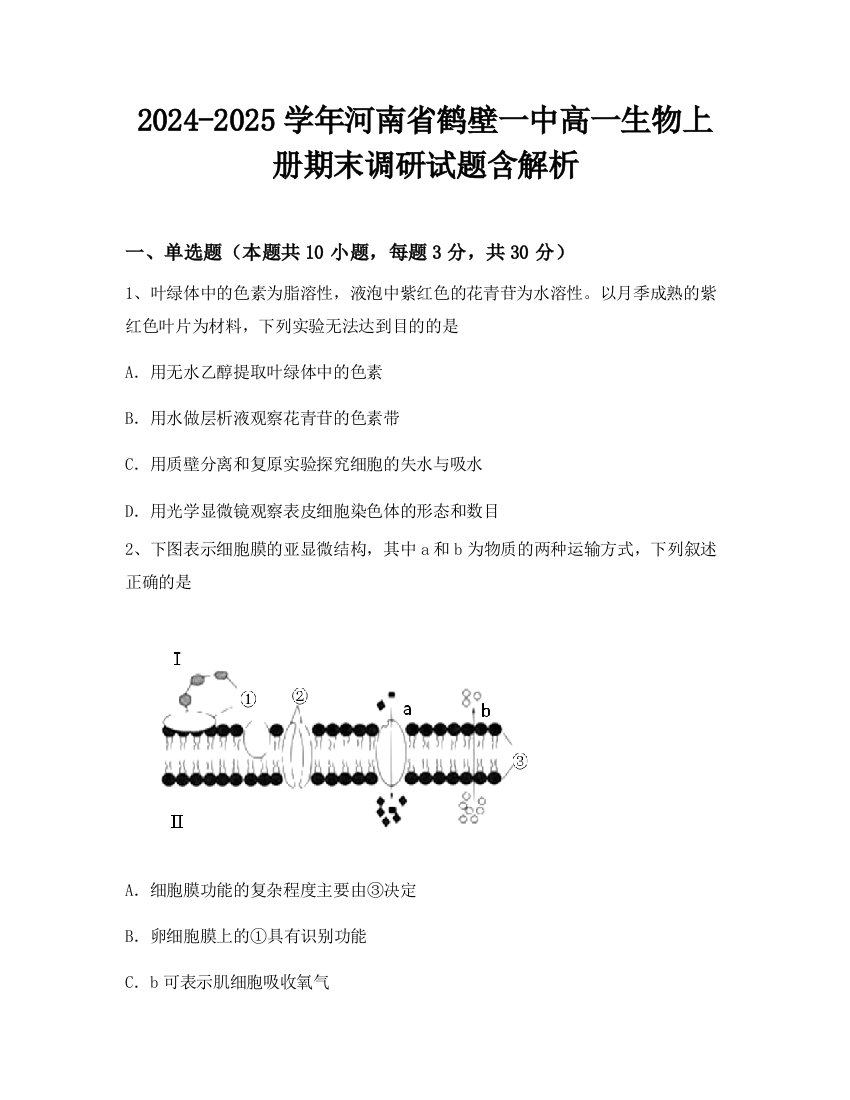 2024-2025学年河南省鹤壁一中高一生物上册期末调研试题含解析