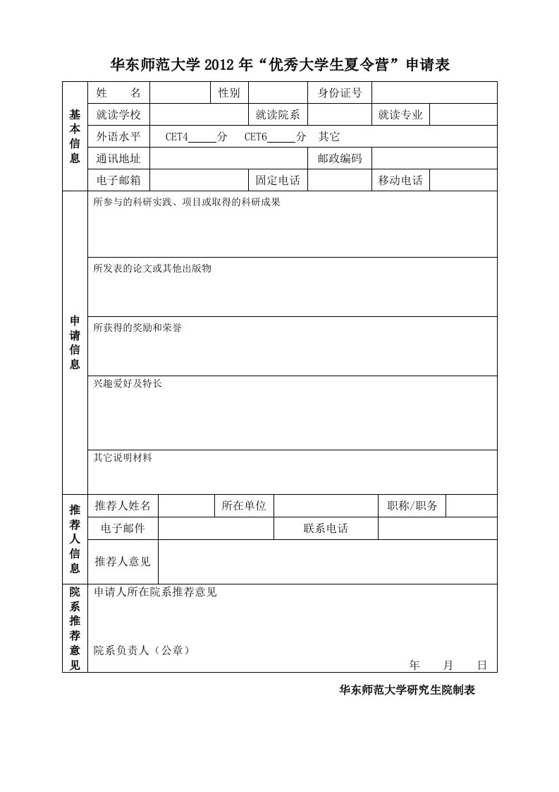 华东师范大学2012年“优秀大学生夏令营”申请表