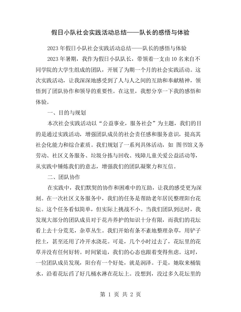 假日小队社会实践活动总结——队长的感悟与体验