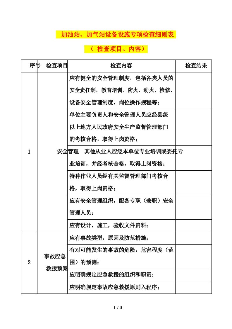 加油站加气站设备设施专项检查细则表检查项目内容