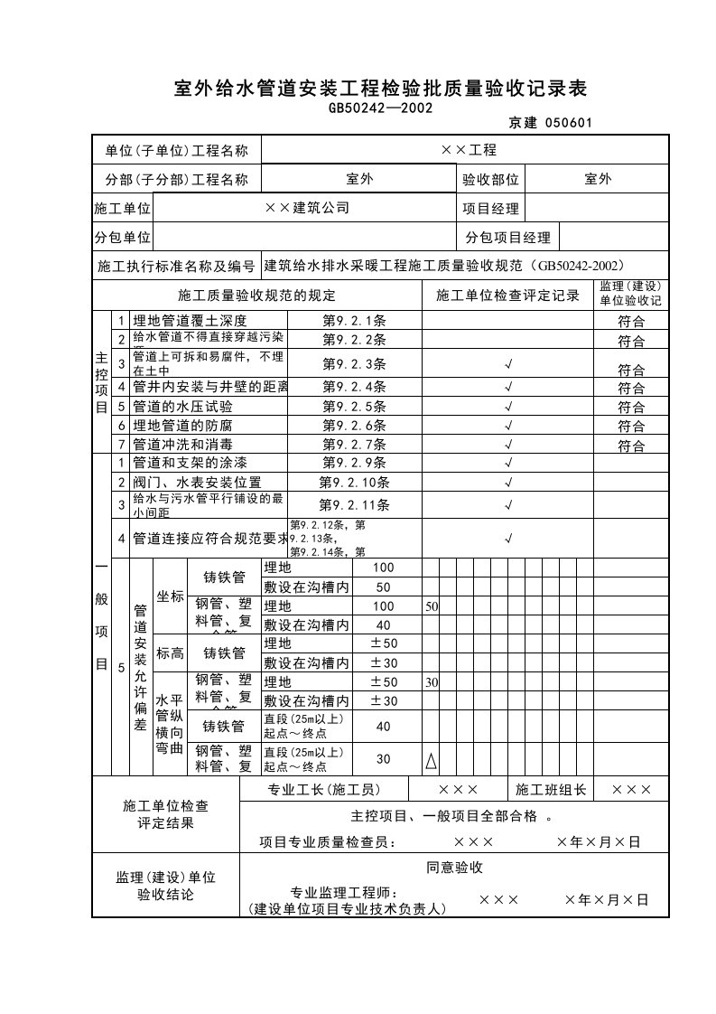 建筑工程-室外给水管道安装工程检验批