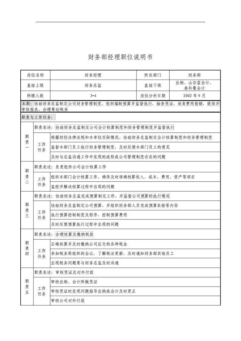 贸易公司财务部经理职位职责