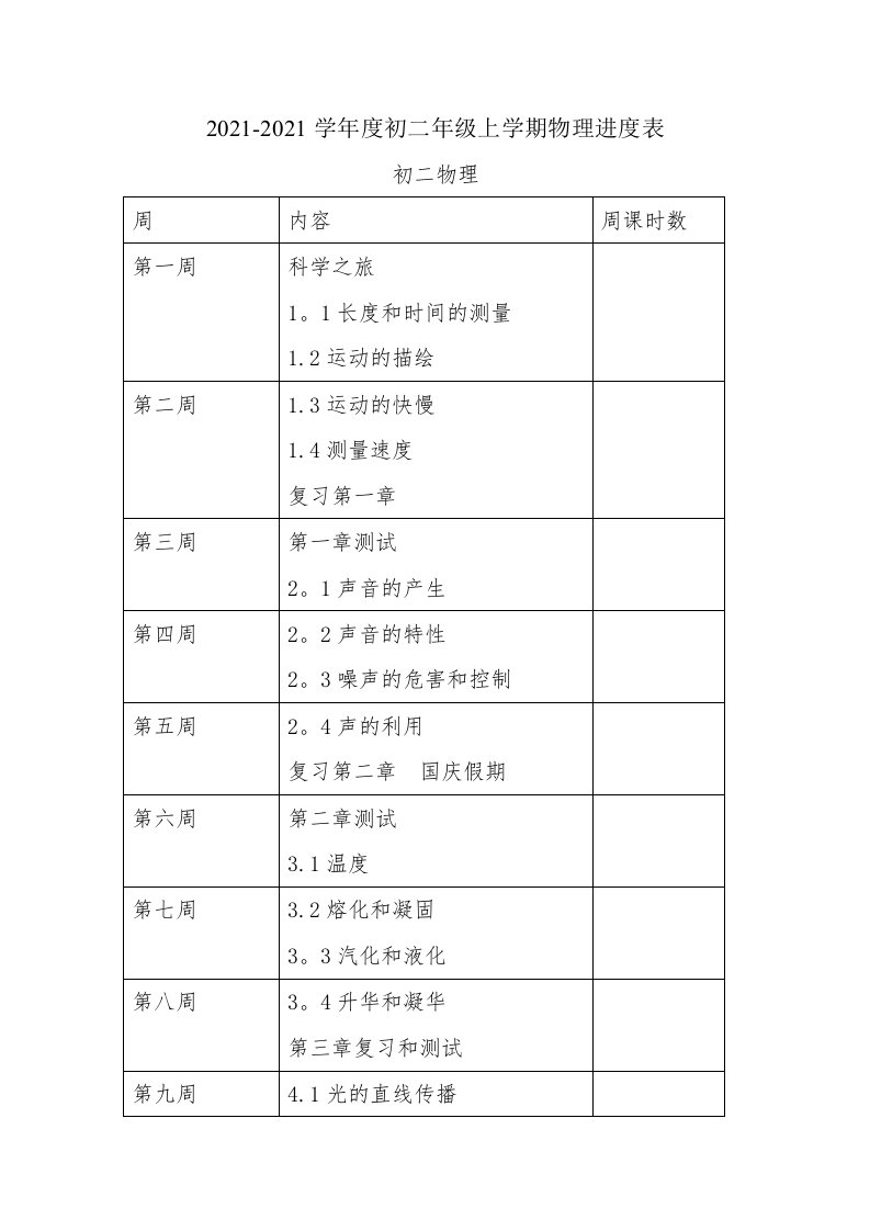 初二上物理进度表