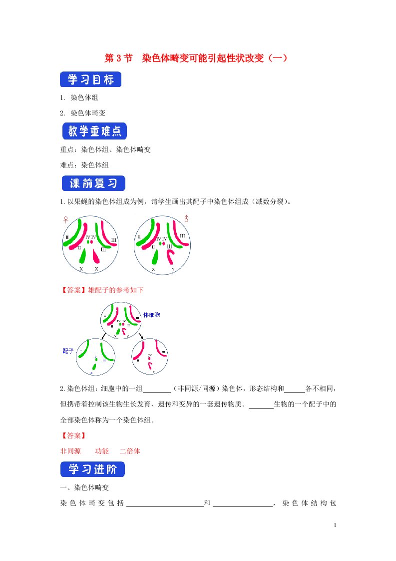 2020_2021学年新教材高中生物第四章生物的变异第三节染色体畸变可能引起性状改变学案2浙科版必修2