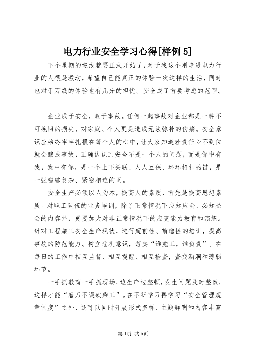 电力行业安全学习心得[样例5]