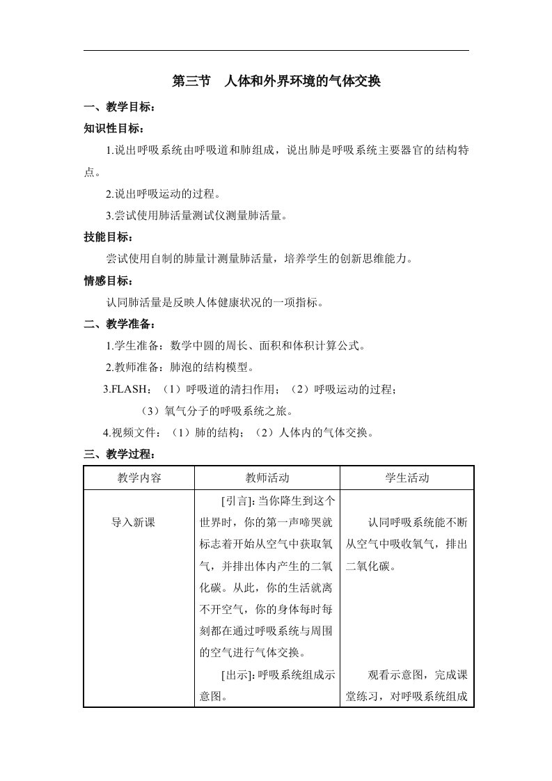 《人体和外界环境的气体交换》参考教案