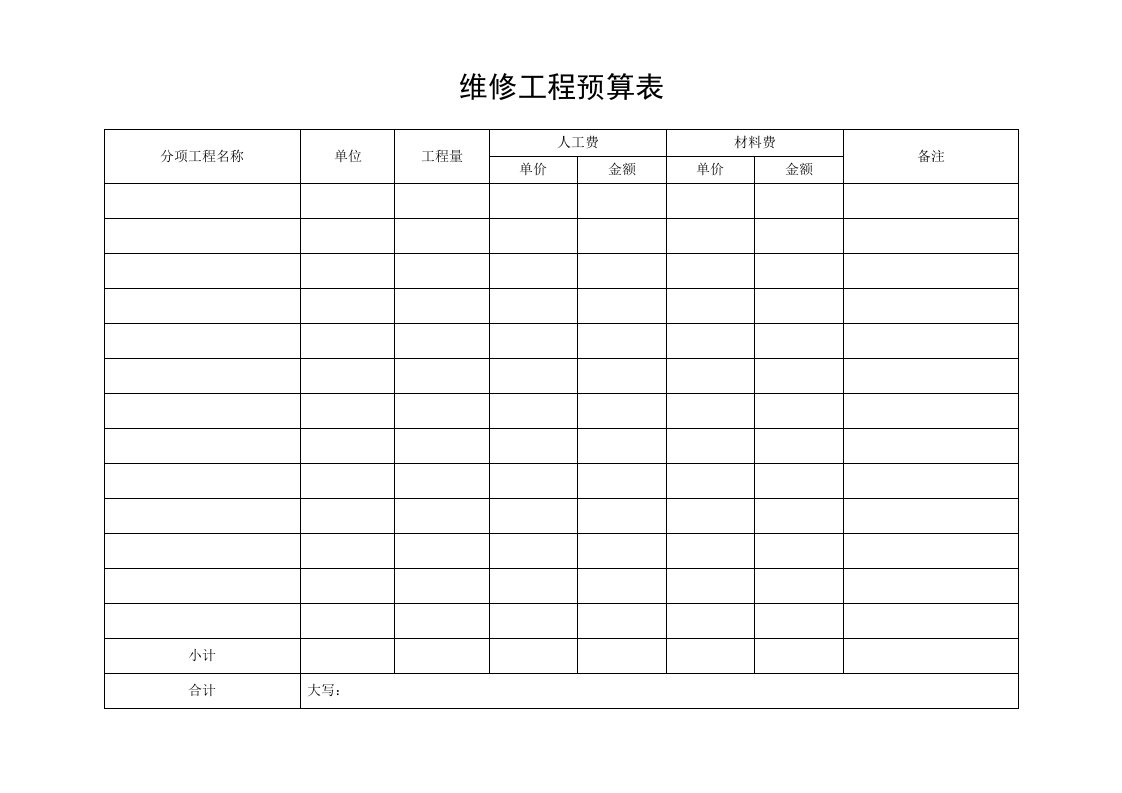 维修工程预算表