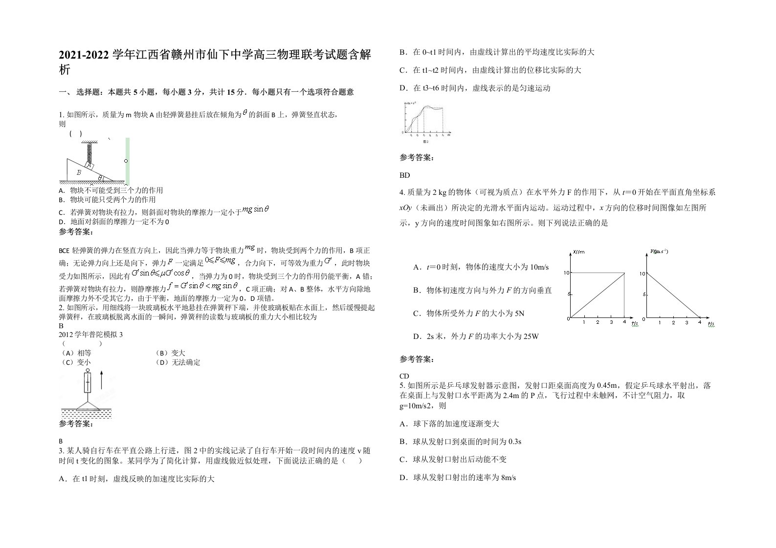 2021-2022学年江西省赣州市仙下中学高三物理联考试题含解析