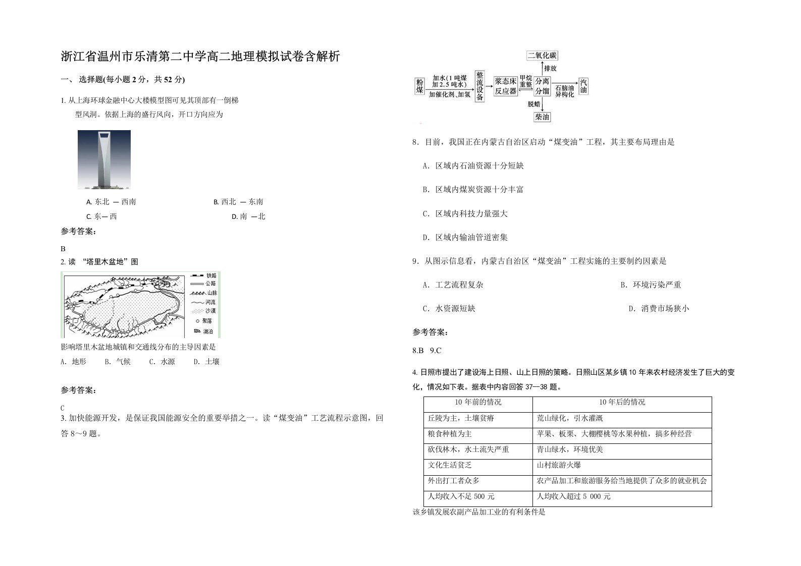 浙江省温州市乐清第二中学高二地理模拟试卷含解析