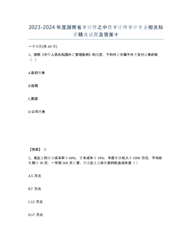 2023-2024年度湖南省审计师之中级审计师审计专业相关知识试题及答案十