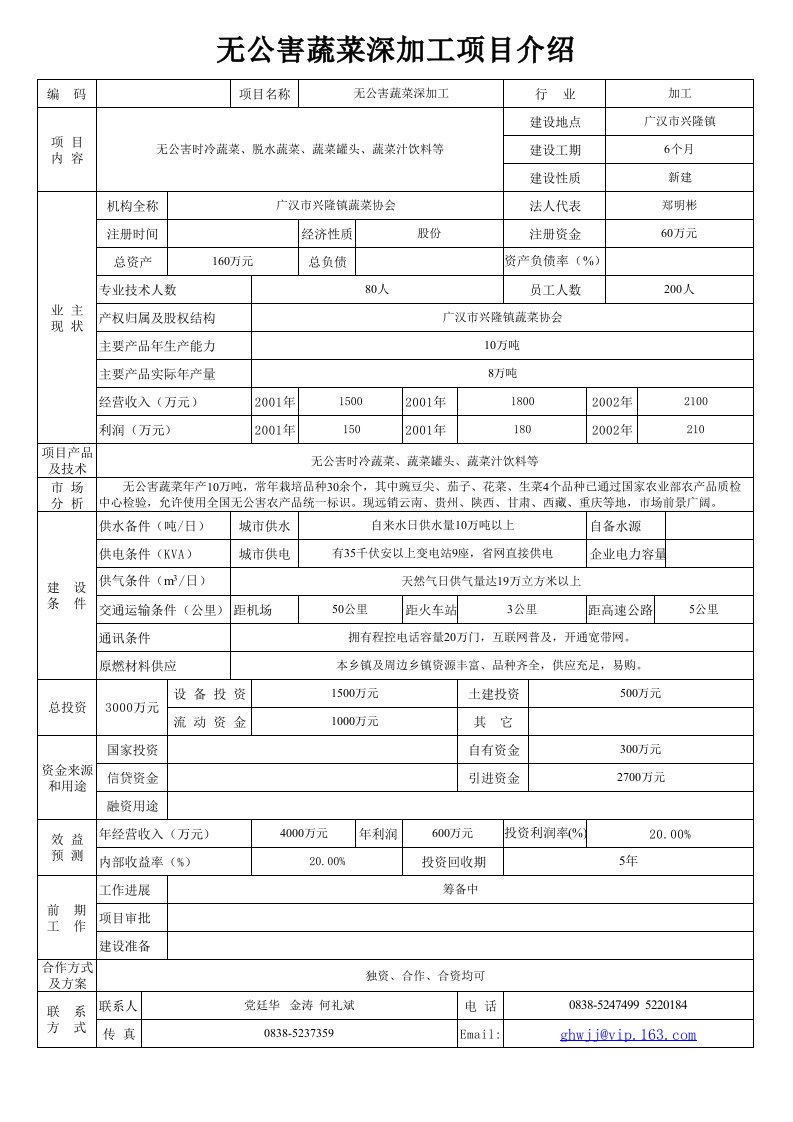 无公害蔬菜深加工项目介绍