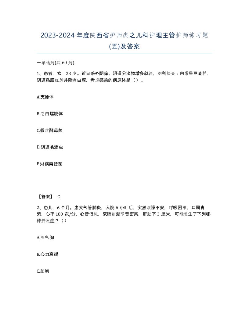 2023-2024年度陕西省护师类之儿科护理主管护师练习题五及答案