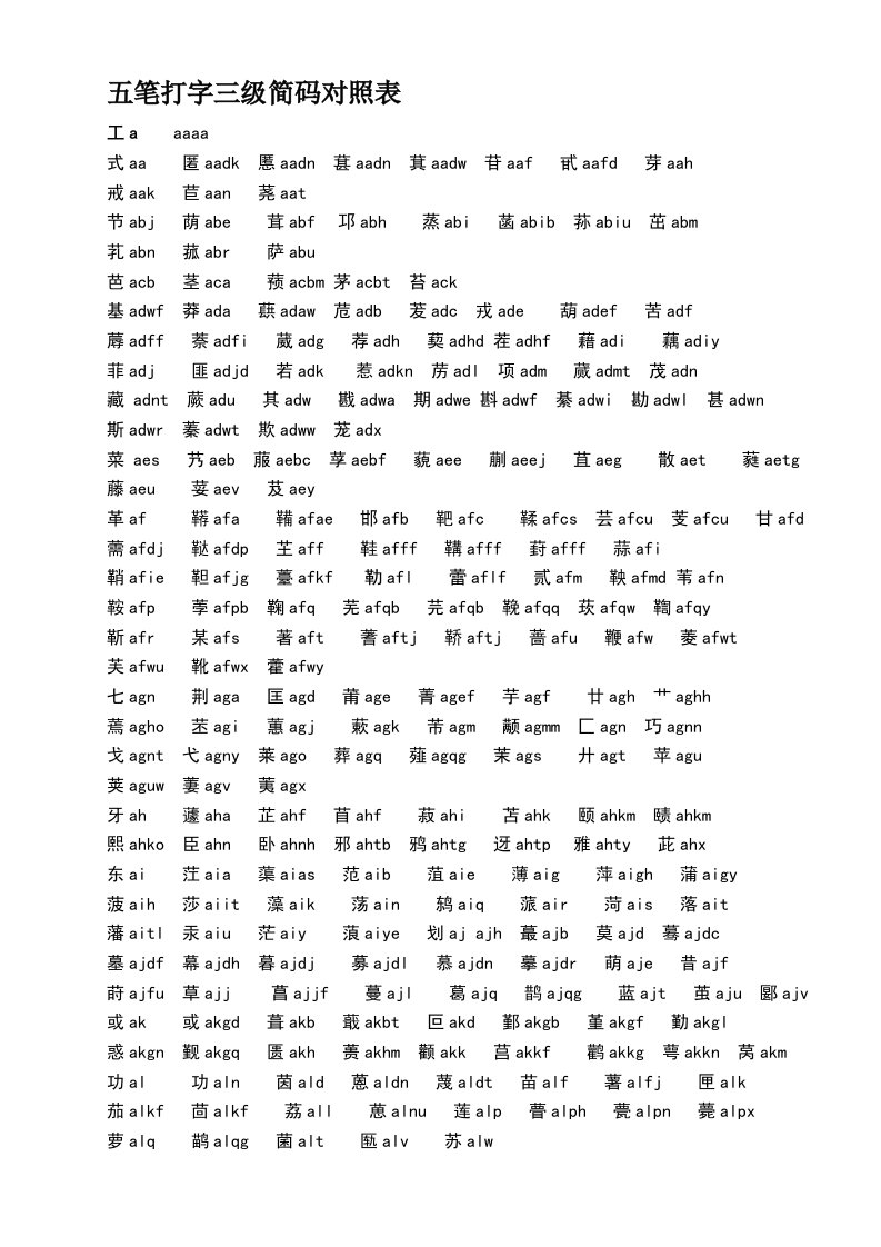 五笔打字三级简码对照表