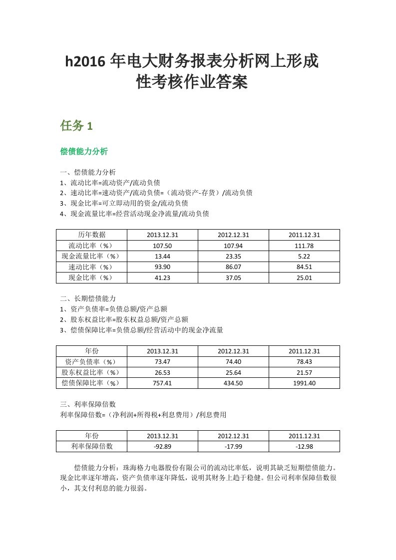 电大财务报表分析网上形成性考核作业答案