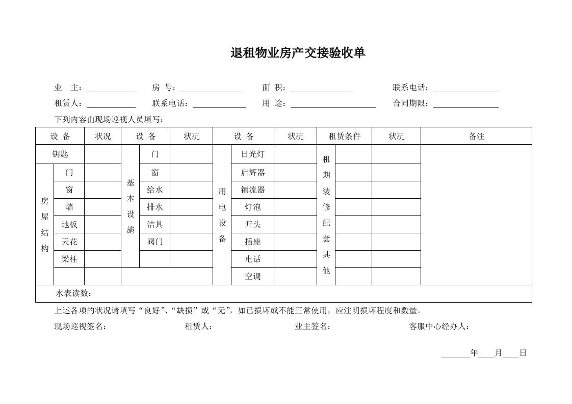 退租物业房产交接验收单