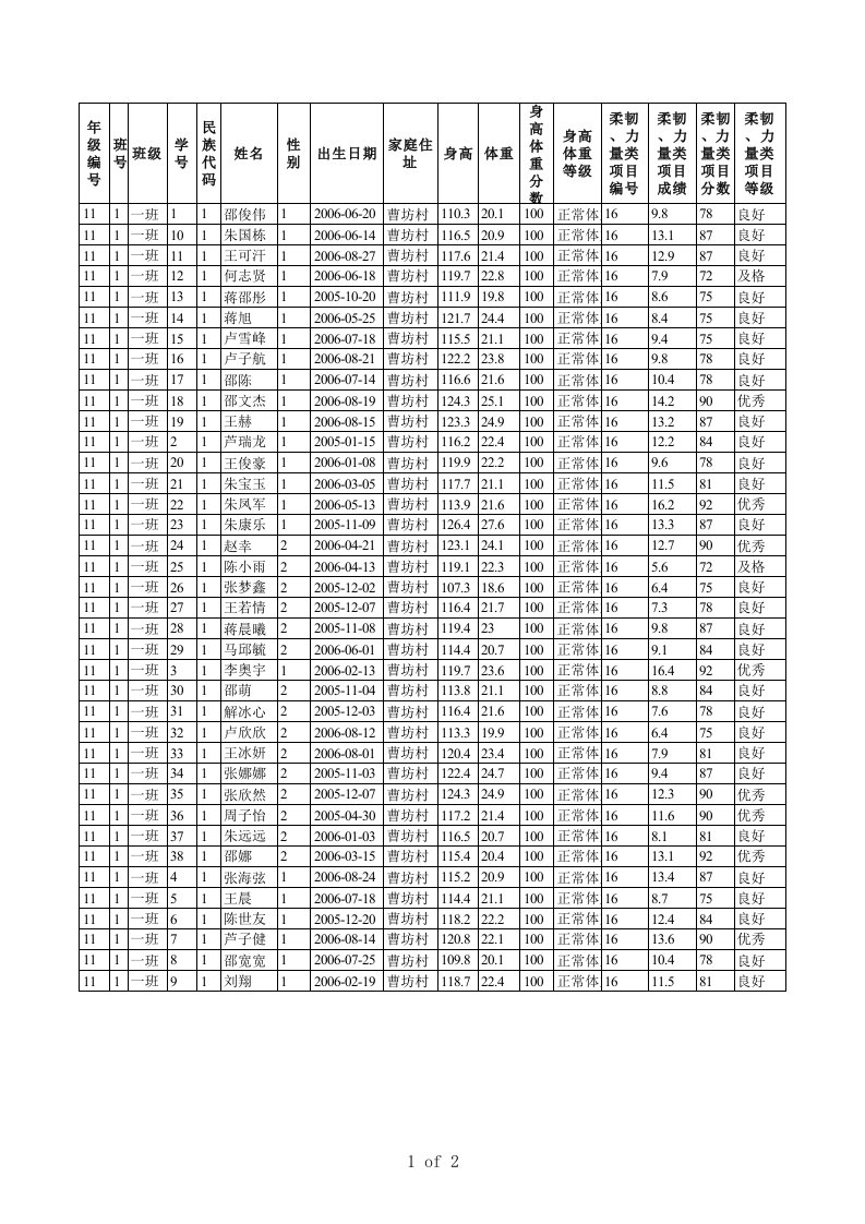 一年级学生体质健康测试数据登记表