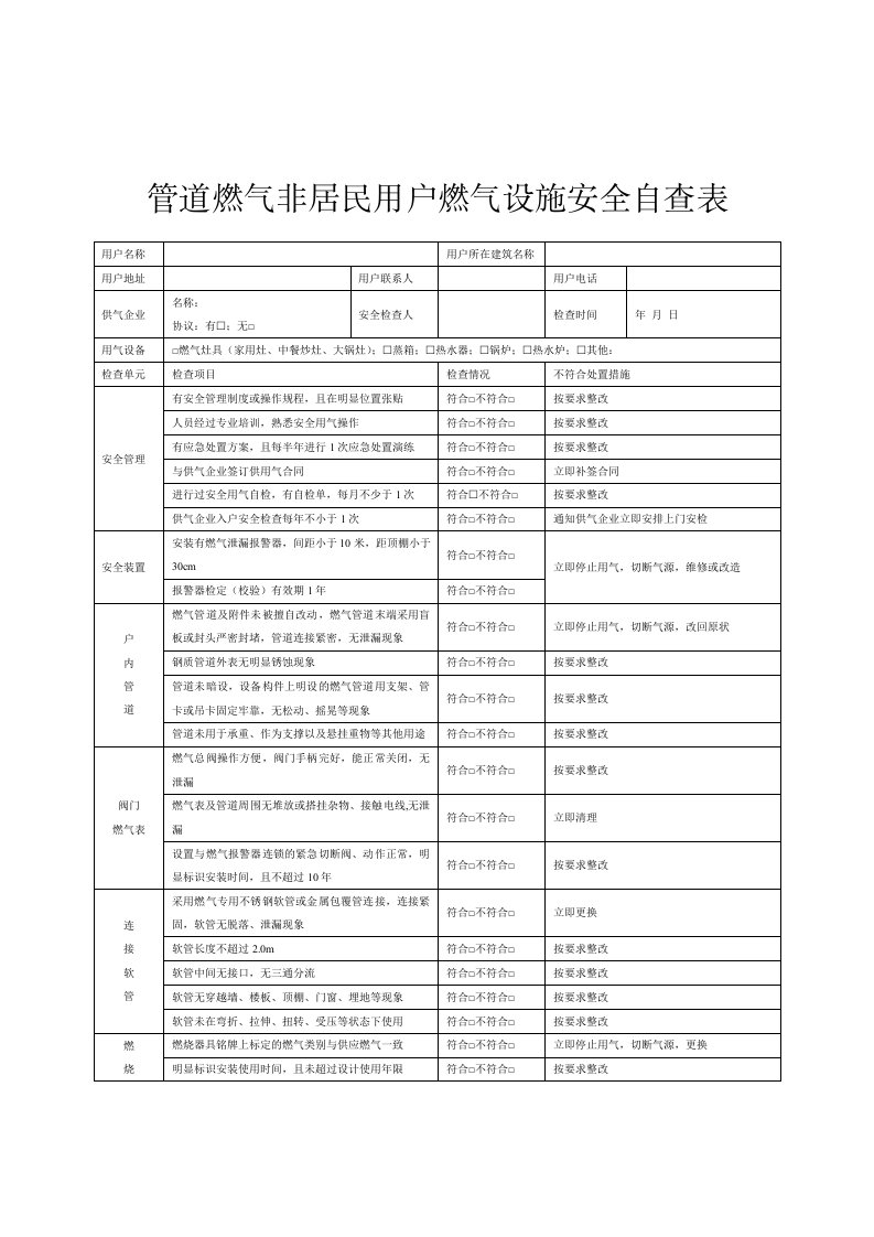 管道燃气非居民用户燃气设施安全自查表