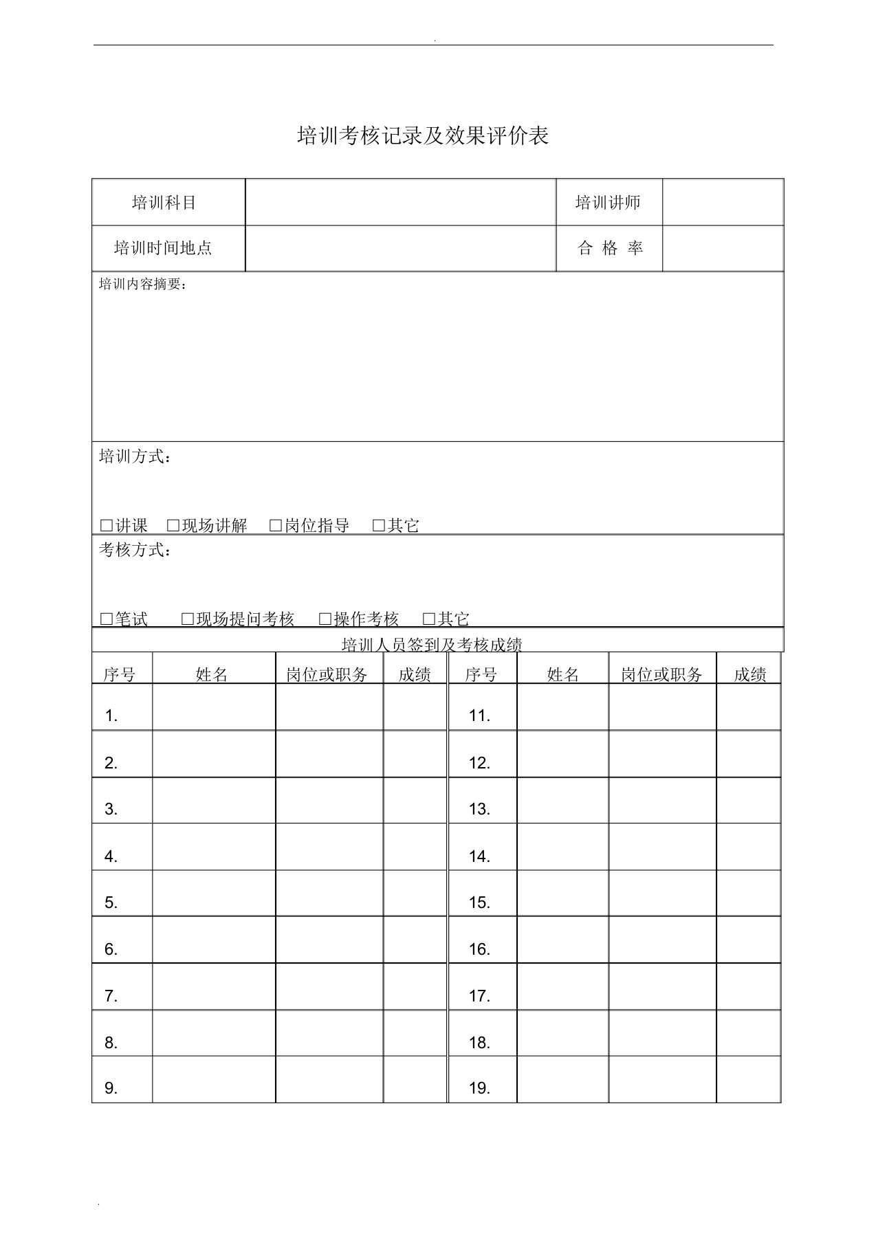 培训考核记录及效果评价表