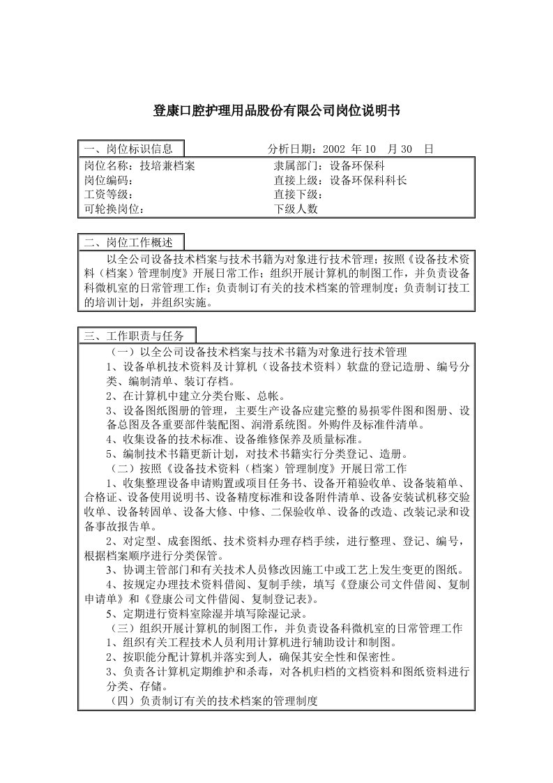 登康口腔护理用品有限公司岗位说明书大全55