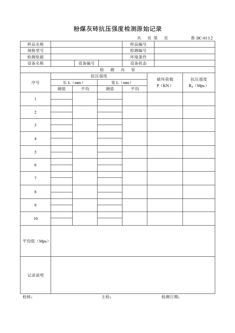 粉煤灰砖抗压强度检测原始记录