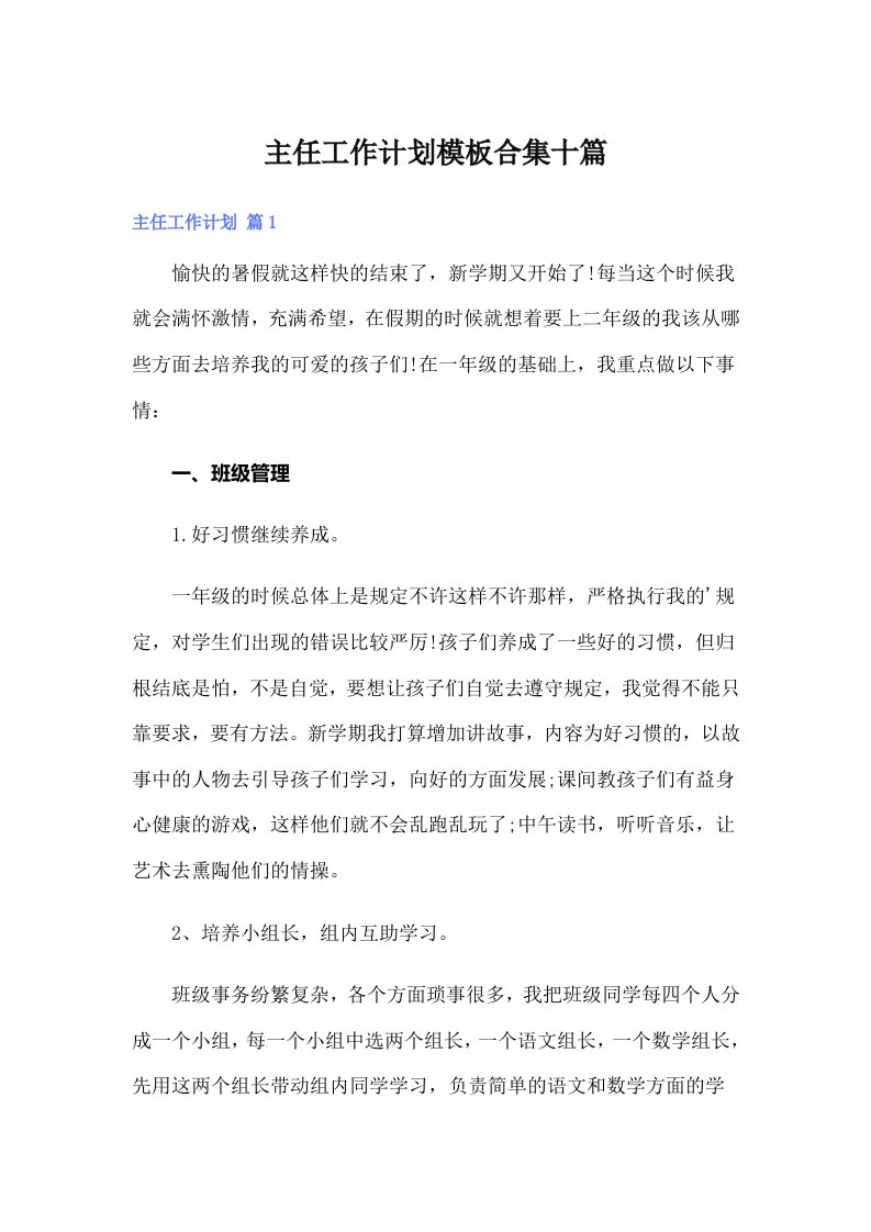 （可编辑）主任工作计划模板合集十篇