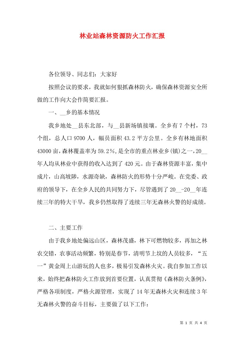 林业站森林资源防火工作汇报