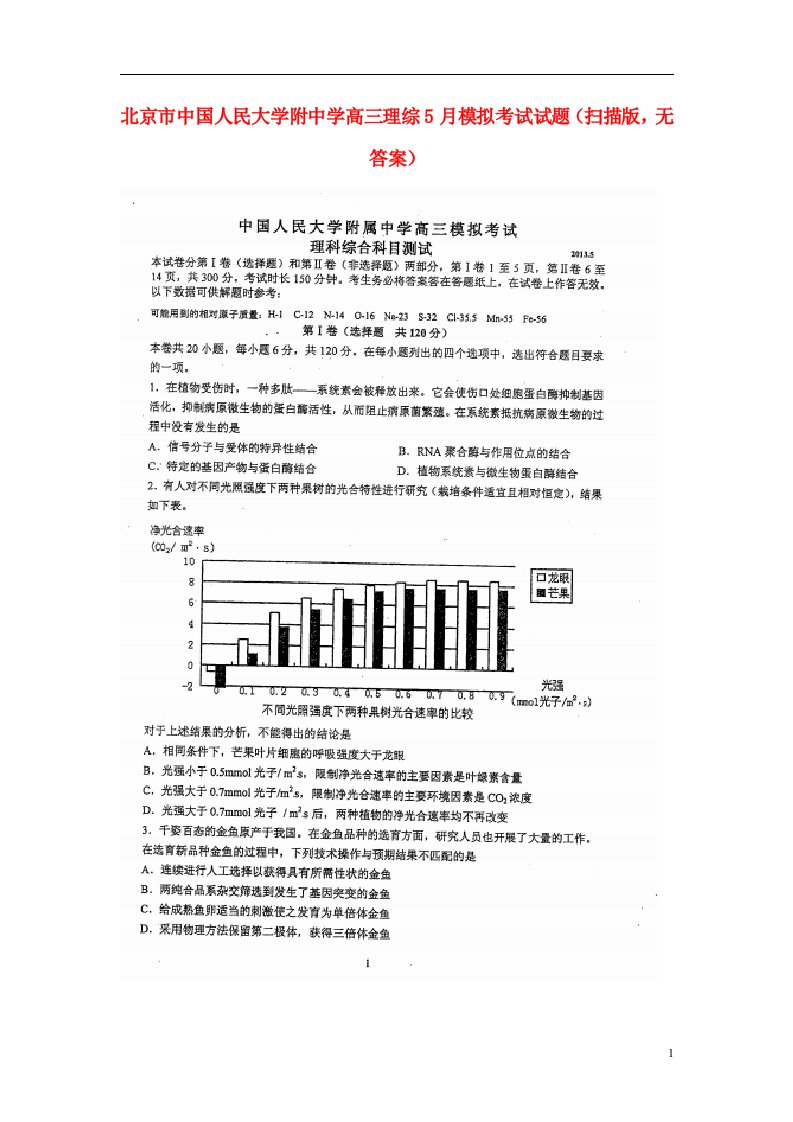 北京市中国人民大学附中学高三理综5月模拟考试试题（扫描版，无答案）