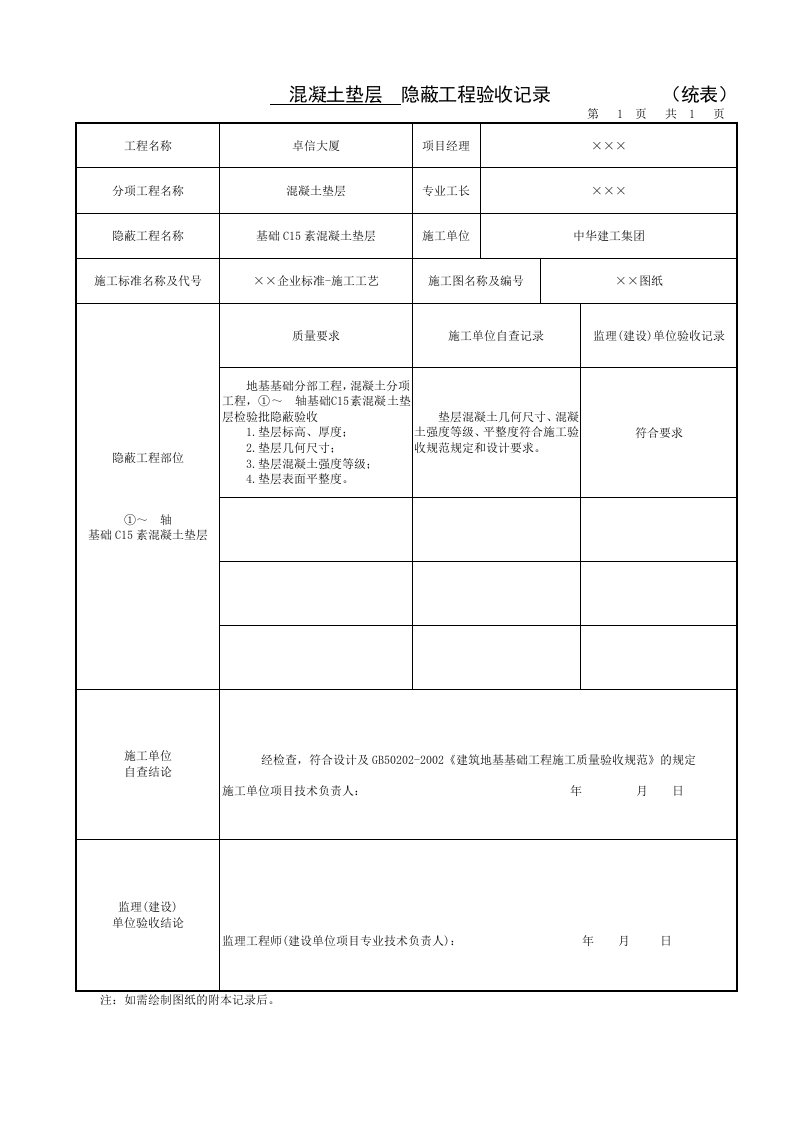 混凝土垫层隐蔽工程记录