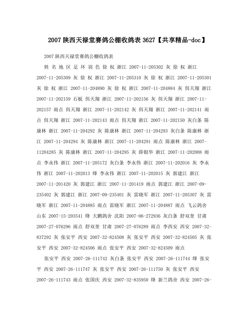 2007陕西天禄堂赛鸽公棚收鸽表3627【共享精品-doc】