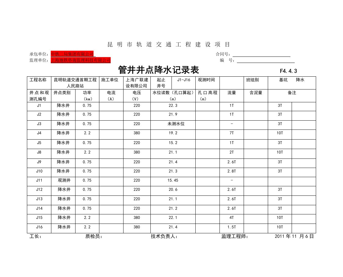 管井井点降水记录表