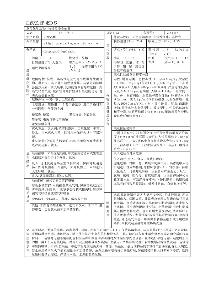 乙酸乙酯MSDS