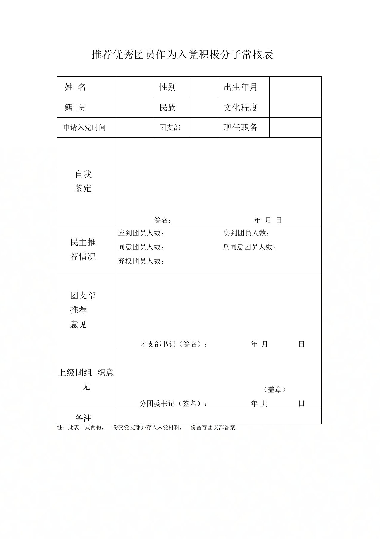 推荐优秀团员作为入党积极分子审核表