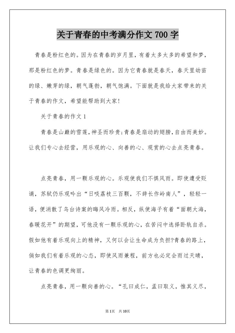 关于青春的中考满分作文700字