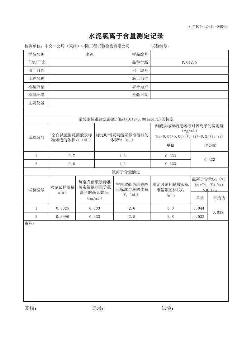 水泥氯离子测定记录