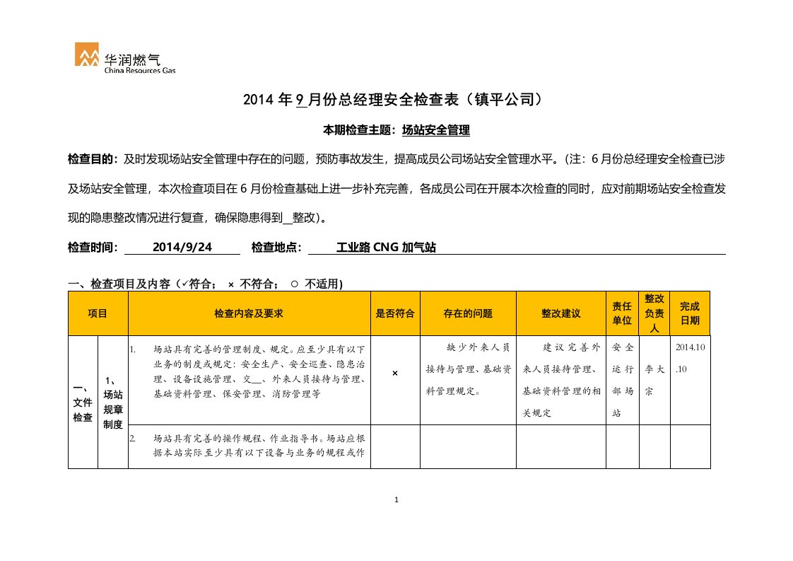 天然气场站安全检查表