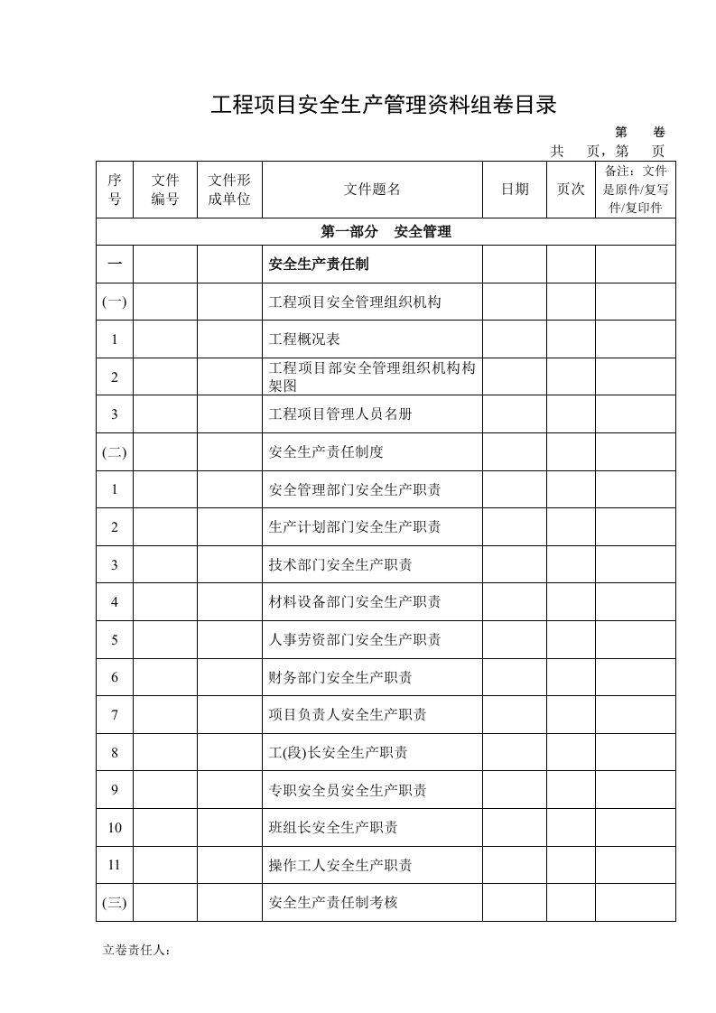 工程项目安全生产管理工程档案卷内目录