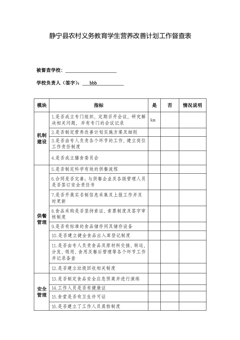 营养餐督查检查记录表