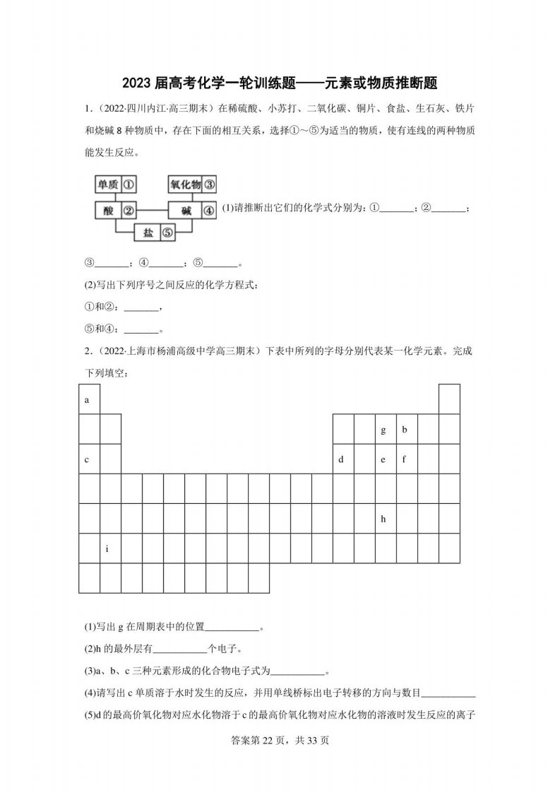 2023届高三化学高考备考一轮复习训练题——元素或物质推断题