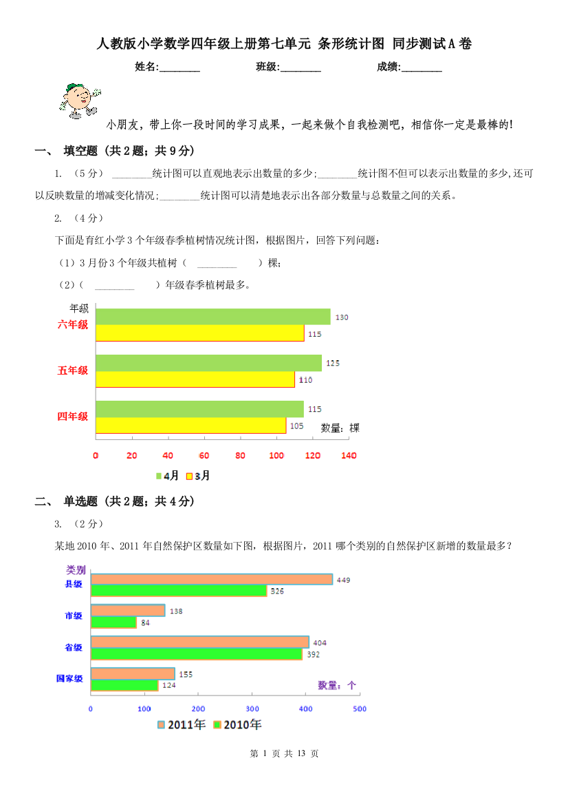 人教版小学数学四年级上册第七单元-条形统计图-同步测试A卷