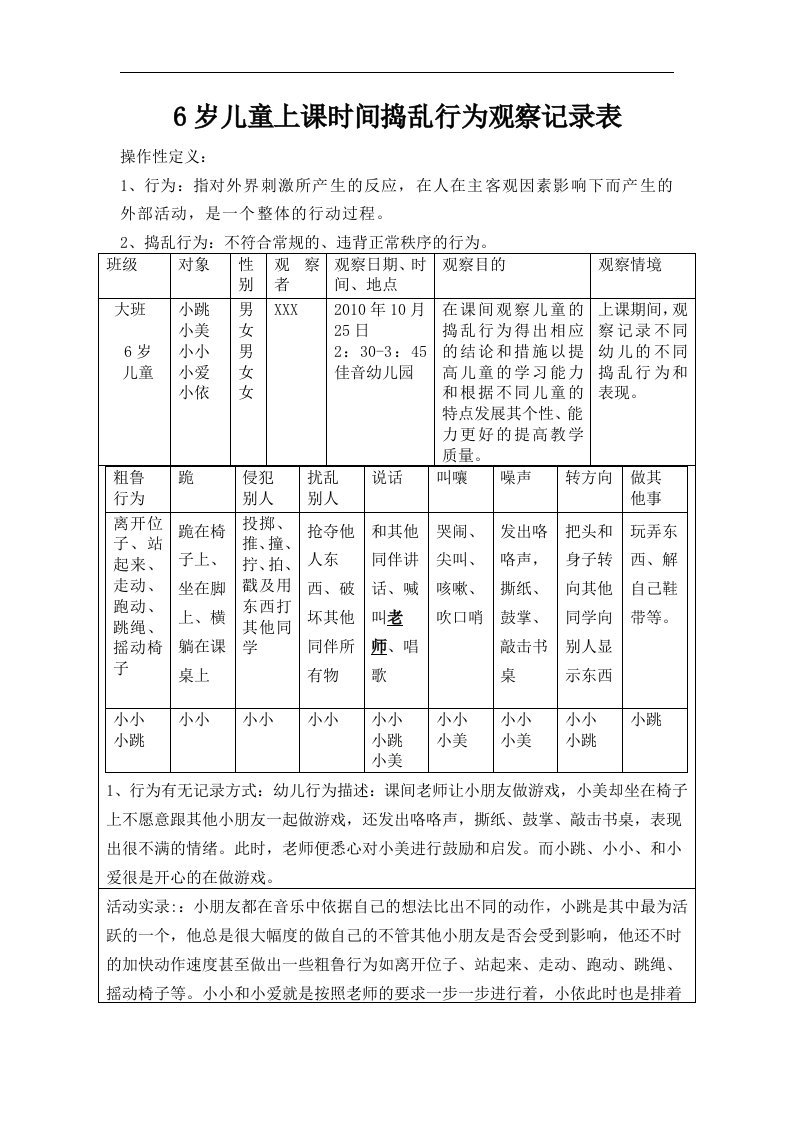 6岁儿童上课时间捣乱行为观察记录表