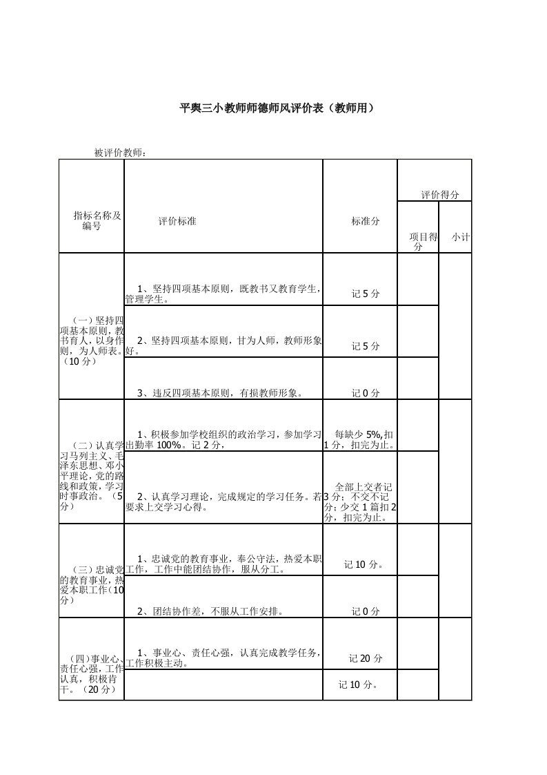 教师师德师风评价表（明细）