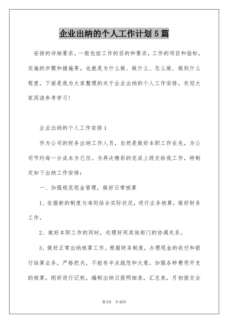 企业出纳的个人工作计划5篇