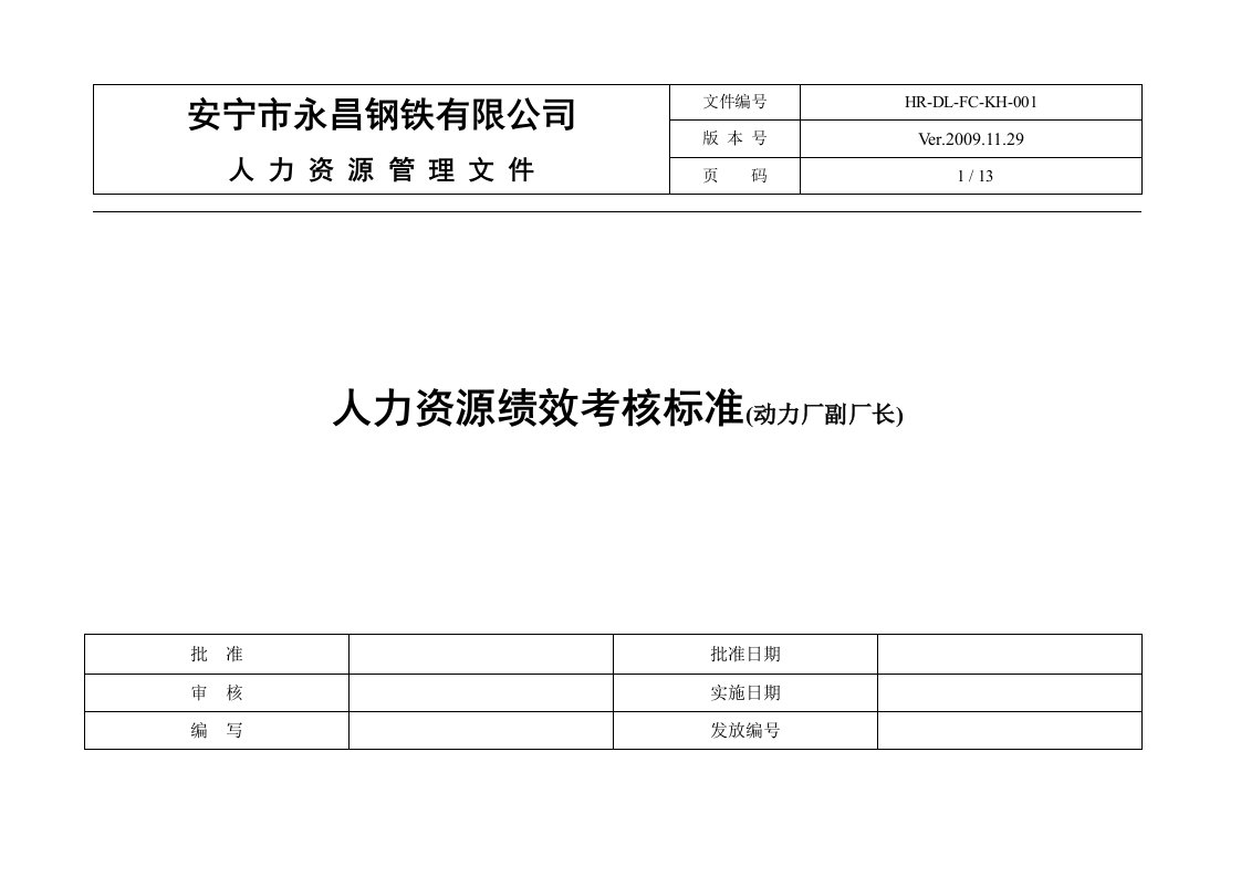 TTC人力资源绩效考核标准副厂长