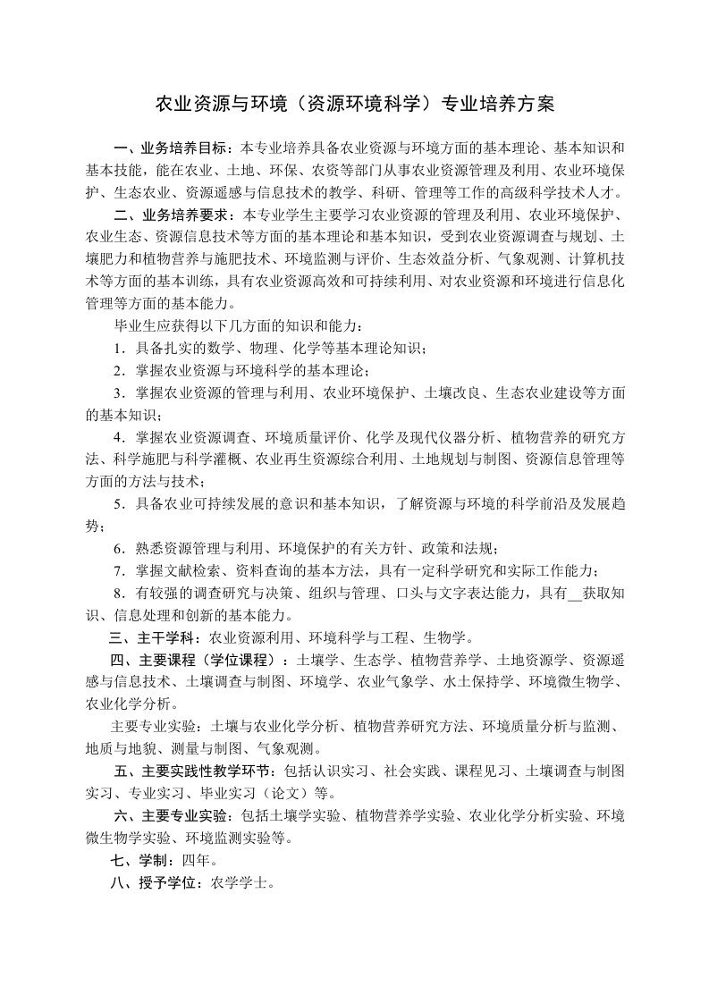 农业资源与环境(资源环境科学)专业培养方案