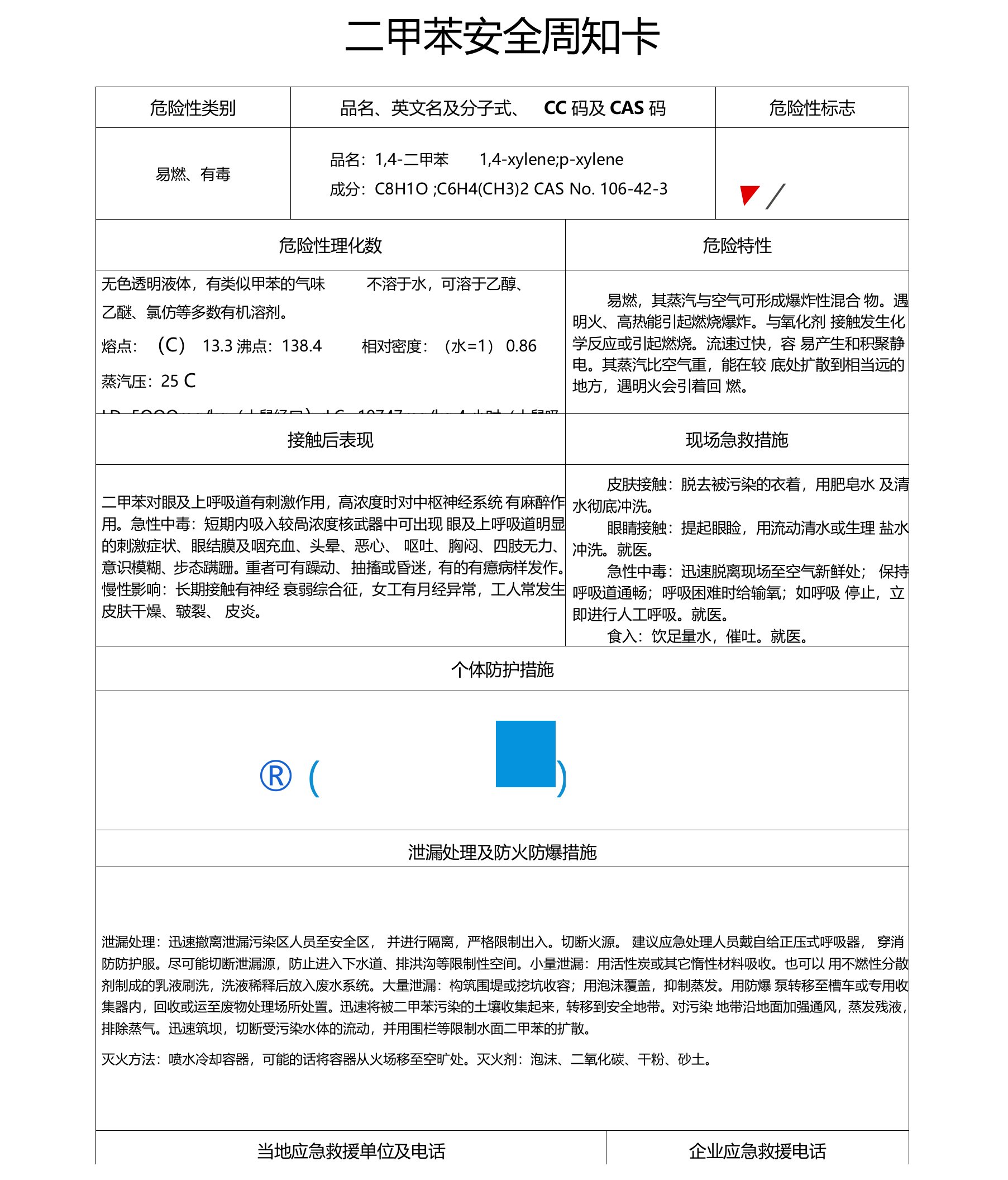 危险化学品安全周知卡---二甲苯