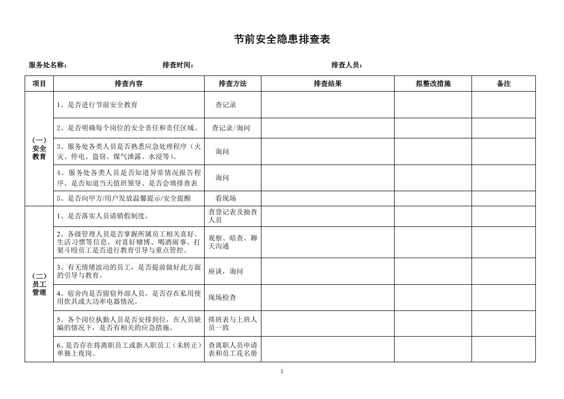 节前安全隐患排查表