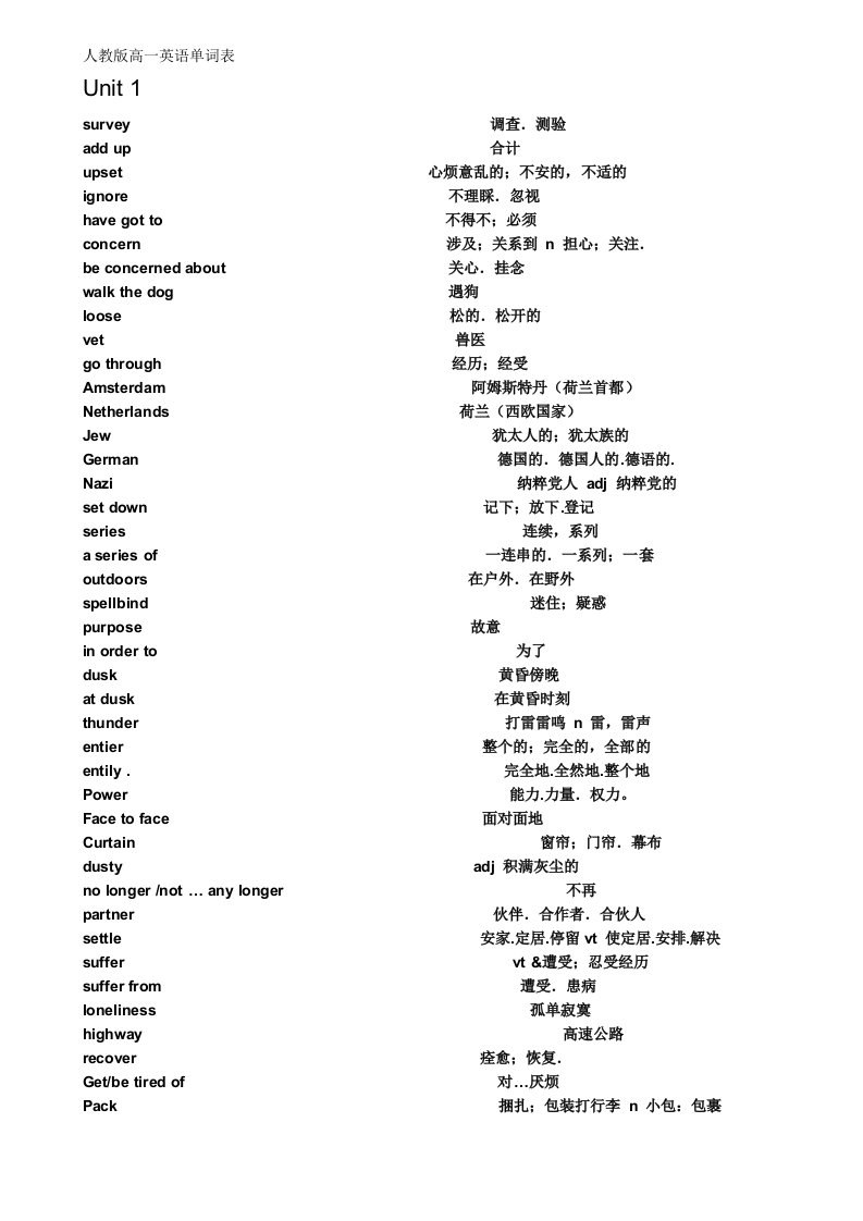 陈爱莲高一英语单词表