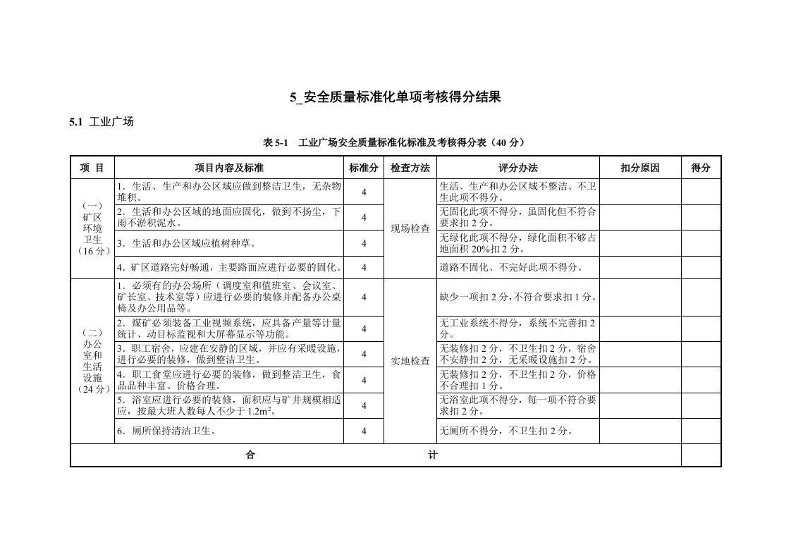 安全质量标准化单项考核表